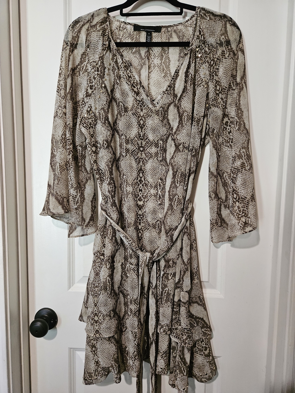 White House Black Market Brown and Cream Snake-Print Long Sleeve Wrap Dress